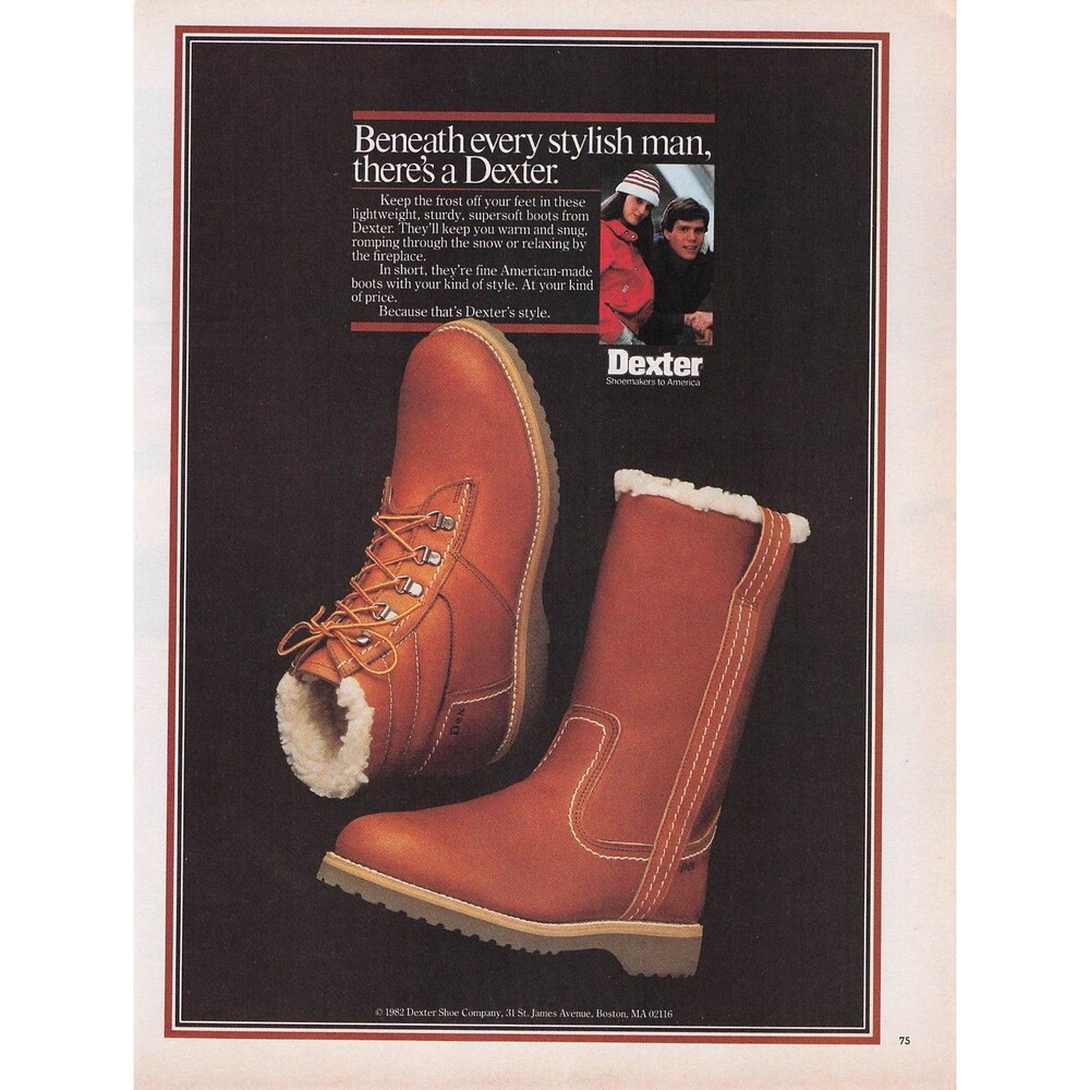 Vintage 1982 Dexter Boots Print Ad Sherpa Lined Winter Shoes wall decor fashion